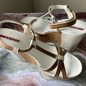 PRADA SPORT LEATHER SLINGBACK WEDGE SANDALS